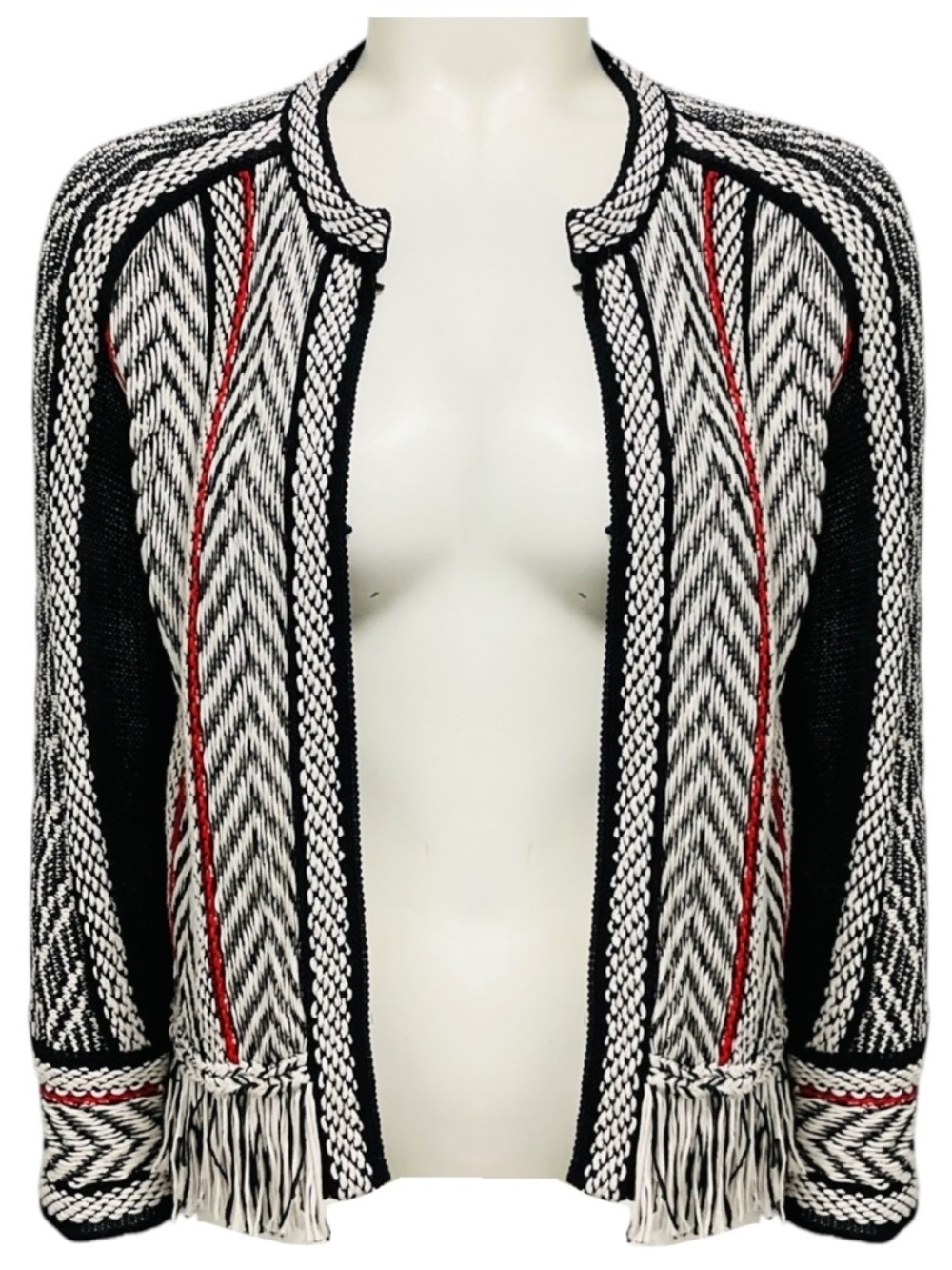 OSCAR DE LA RENTA BLACK / WHITE / RED FRINGE CAYENNE DETAIL JACKET